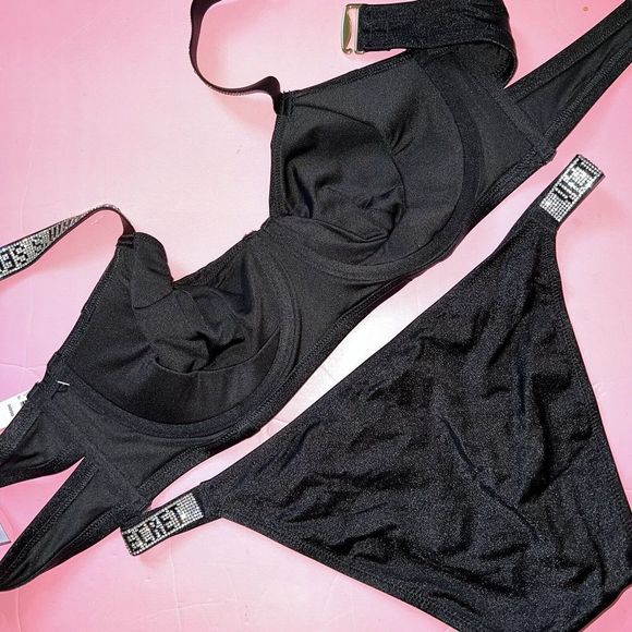 Victoria's Secret UNLINED 36C/36B BIKINI L BOTTOM shine strap BLACK SILVER - Picture 5 of 5